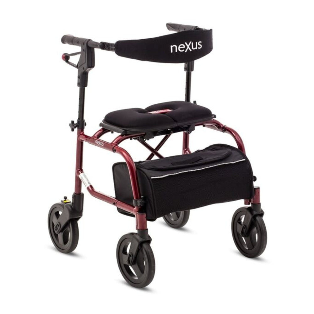 Red and black Nexus walker with wheels on a white background