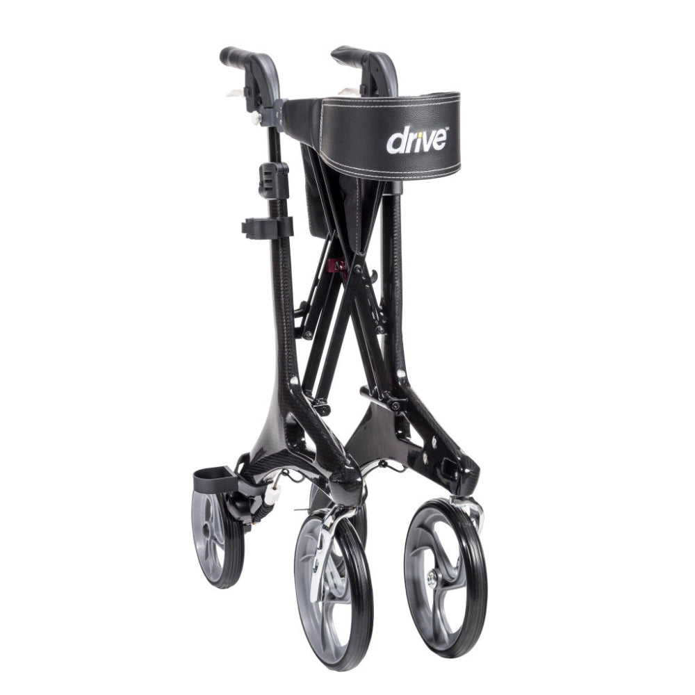 Drive Medical Nitro Elite Carbon Fiber walker folded standing for compact storage.