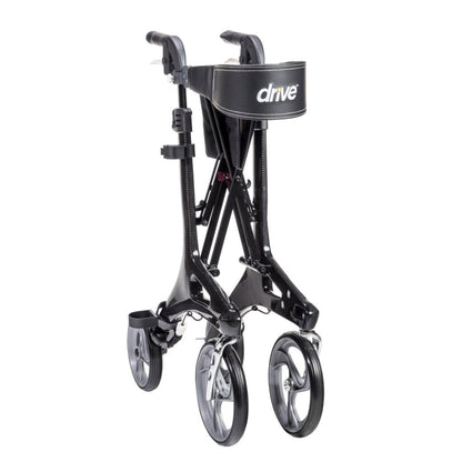 Drive Medical Nitro Elite Carbon Fiber walker folded standing for compact storage.