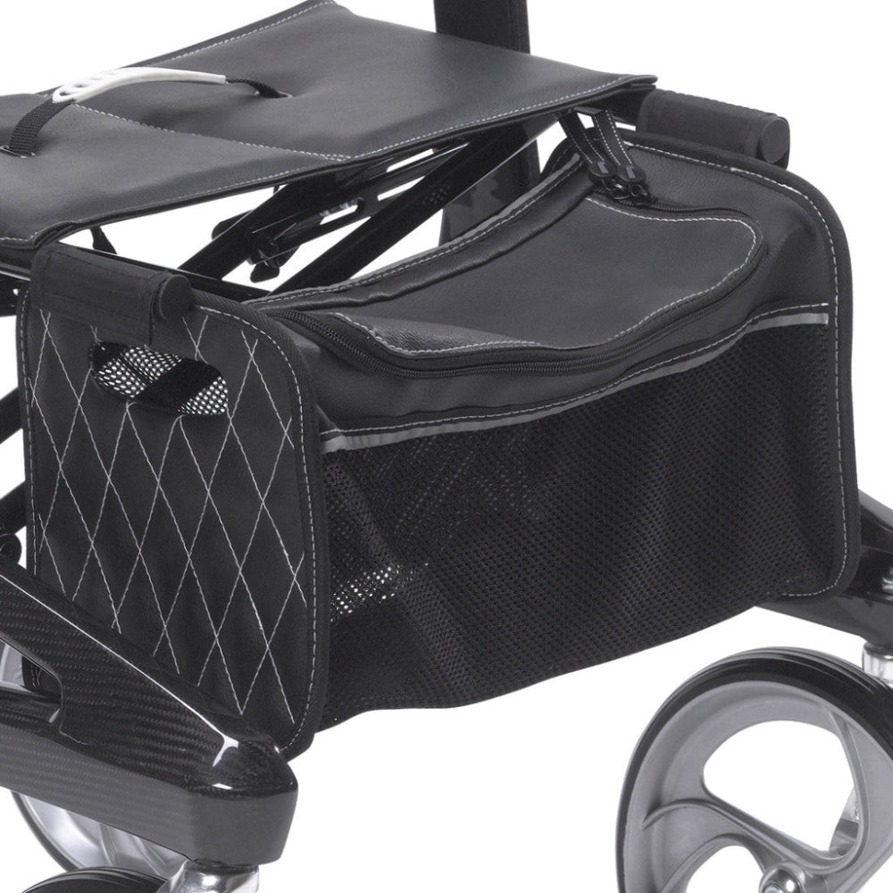 Detail view of the comfortable seat and zippered storage bag on the Nitro Elite walker.