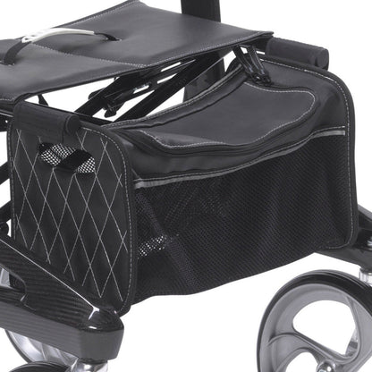 Detail view of the comfortable seat and zippered storage bag on the Nitro Elite walker.