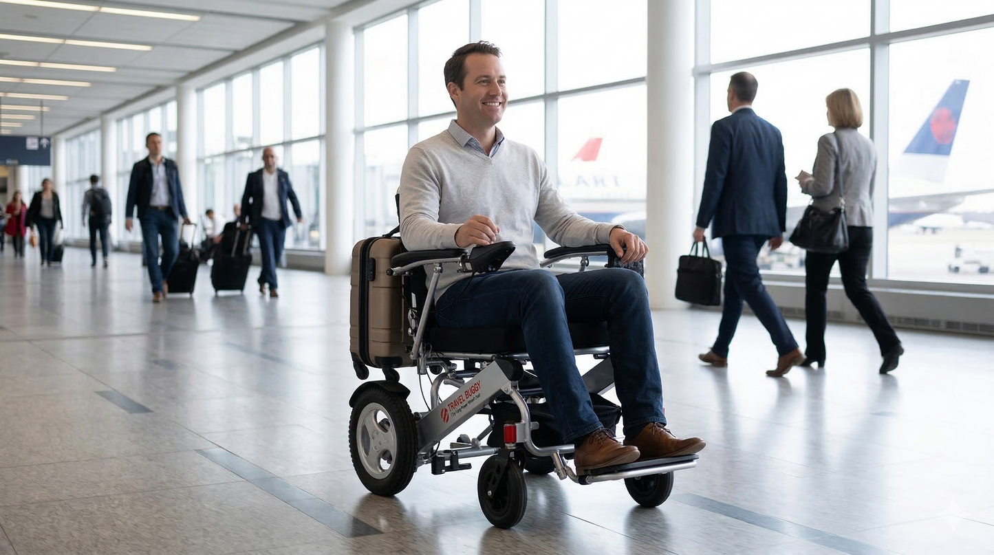 Lifestyle image of a person confidently navigating a spacious airport or transit station using the Travel Buggy City 2 Plus power chair.