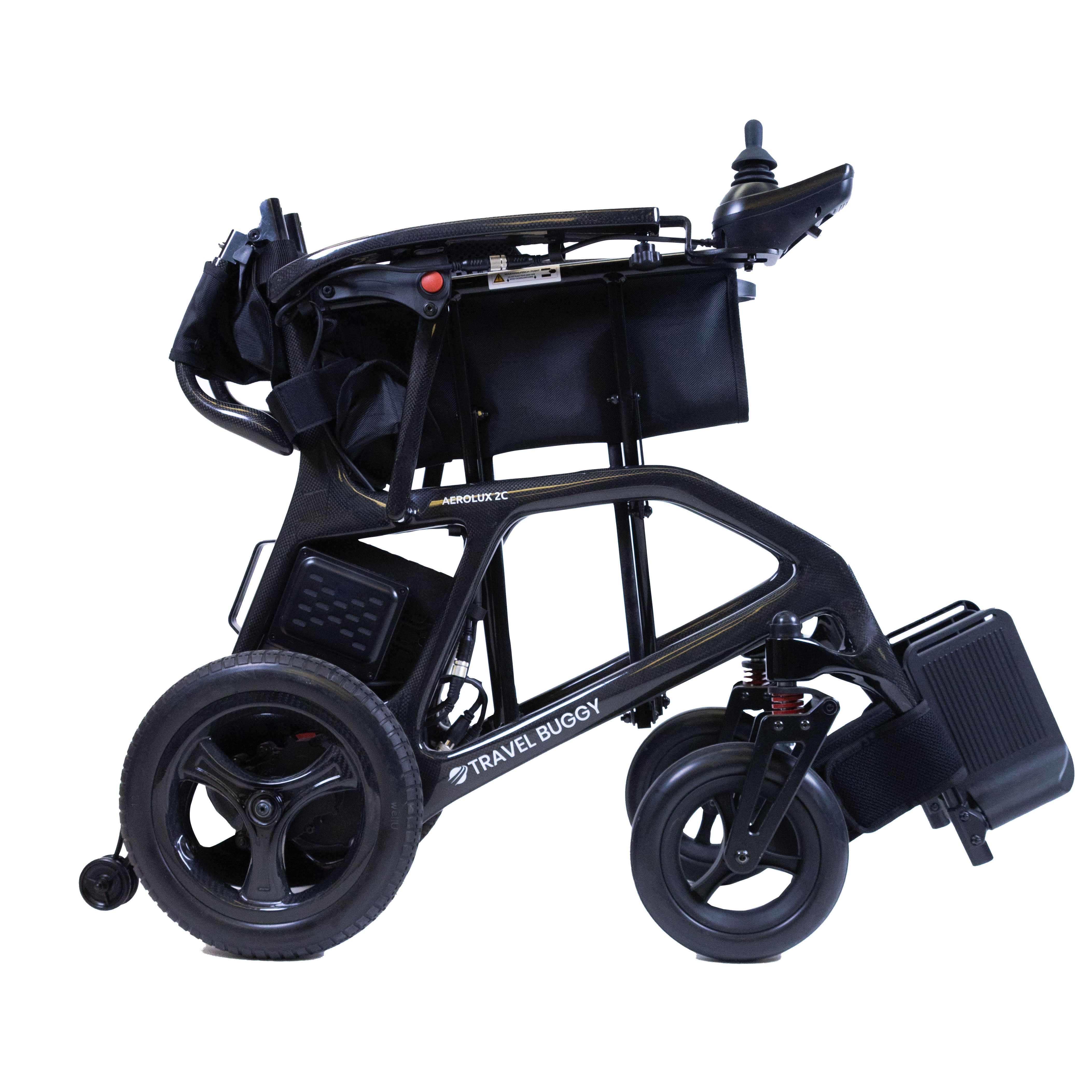 AEROLUX 2C by Travel Buggy folded for transport, side view showing the compact folded frame