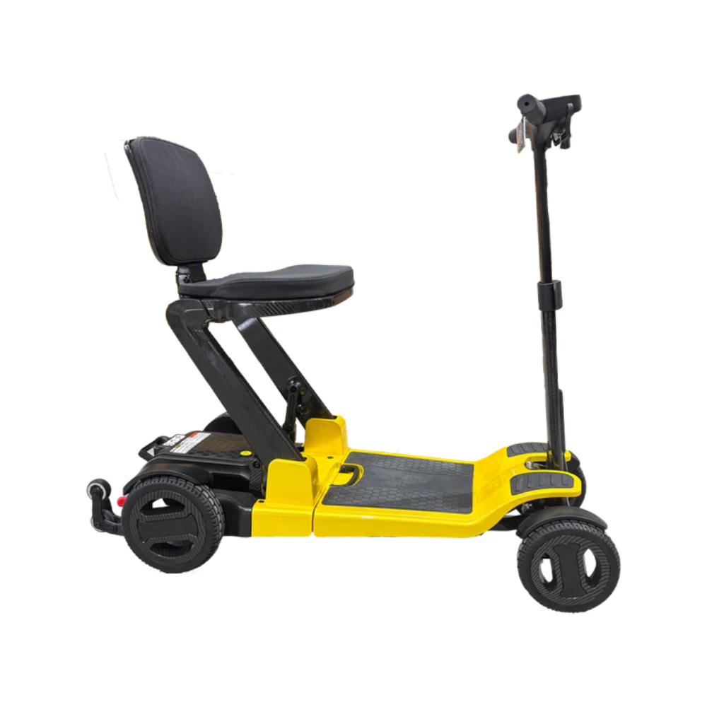 Side profile view of the Pride Mobility Go Go Carbon lightweight carbon fiber folding mobility scooter in yellow.