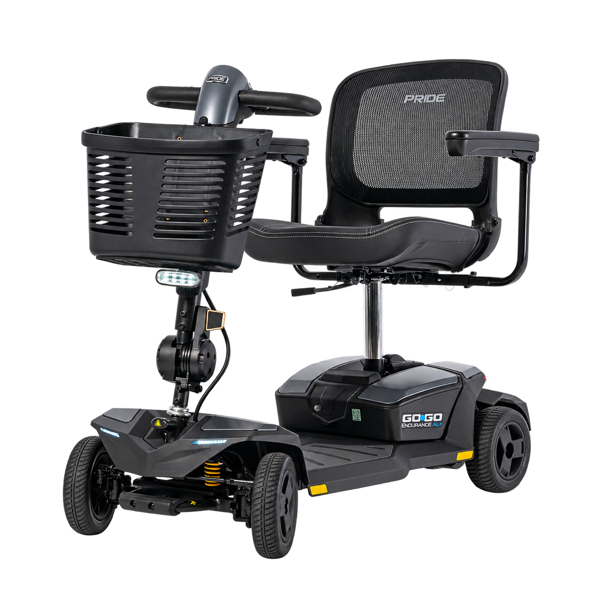 Pride Go Go Endurance AL+ 4-wheel scooter in Euro Grey, left three-quarter angle