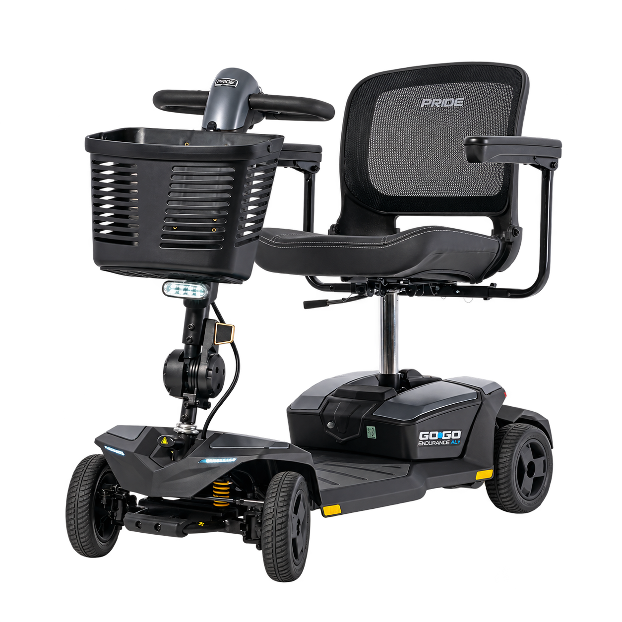 Pride Go Go Endurance AL+ 4-wheel scooter in Euro Grey, left three-quarter angle