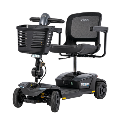 Pride Go Go Endurance AL+ 4-wheel scooter in Euro Grey, left three-quarter angle
