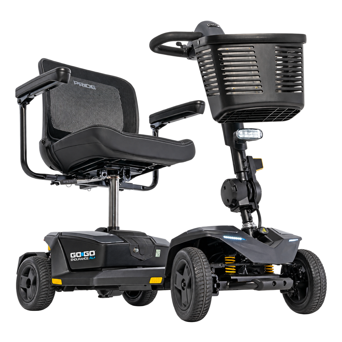 Pride Go Go Endurance AL+ 4-wheel scooter in Euro Grey, right three-quarter angle