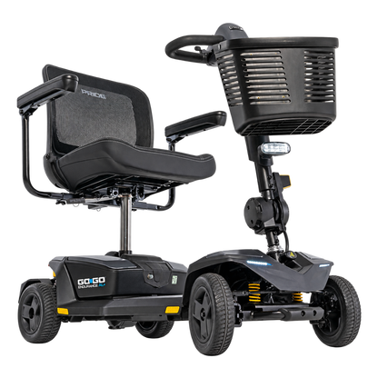 Pride Go Go Endurance AL+ 4-wheel scooter in Euro Grey, right three-quarter angle