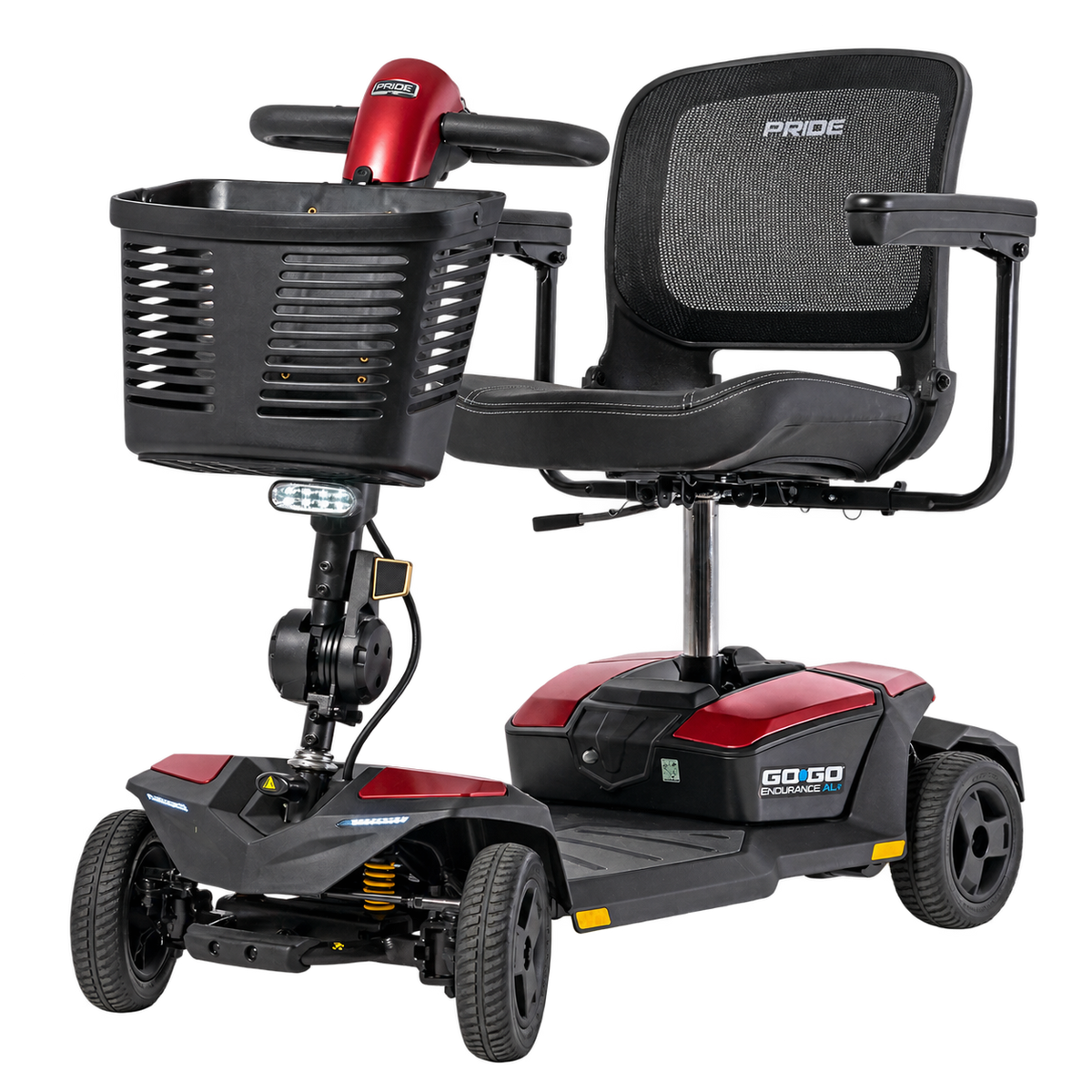 Pride Go Go Endurance AL+ 4-wheel scooter in Garnet Red, left three-quarter angle