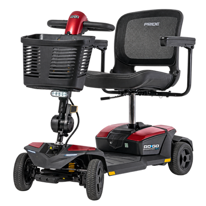 Pride Go Go Endurance AL+ 4-wheel scooter in Garnet Red, left three-quarter angle