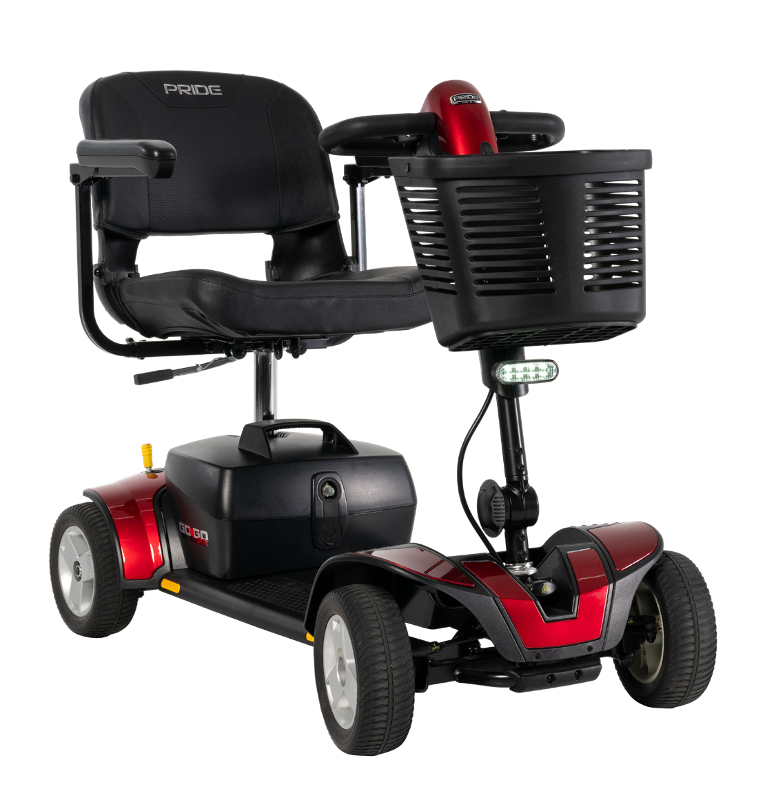 Pride Go-Go Sport 4-Wheel mobility scooter in red, front three-quarter view