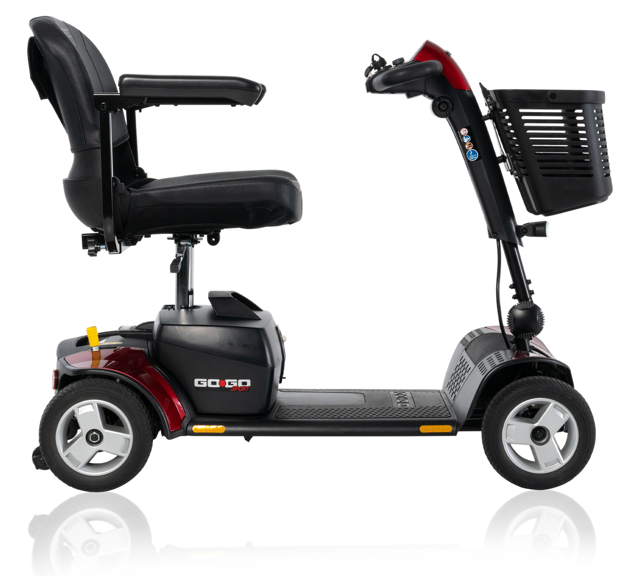 Pride Go-Go Sport 4-Wheel mobility scooter in red, side view