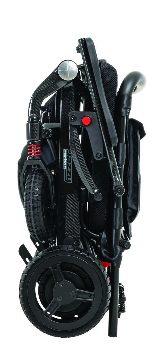 Pride Jazzy Carbon power wheelchair in Black, folded upright studio view