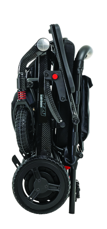 Pride Jazzy Carbon power wheelchair in Black, folded upright studio view