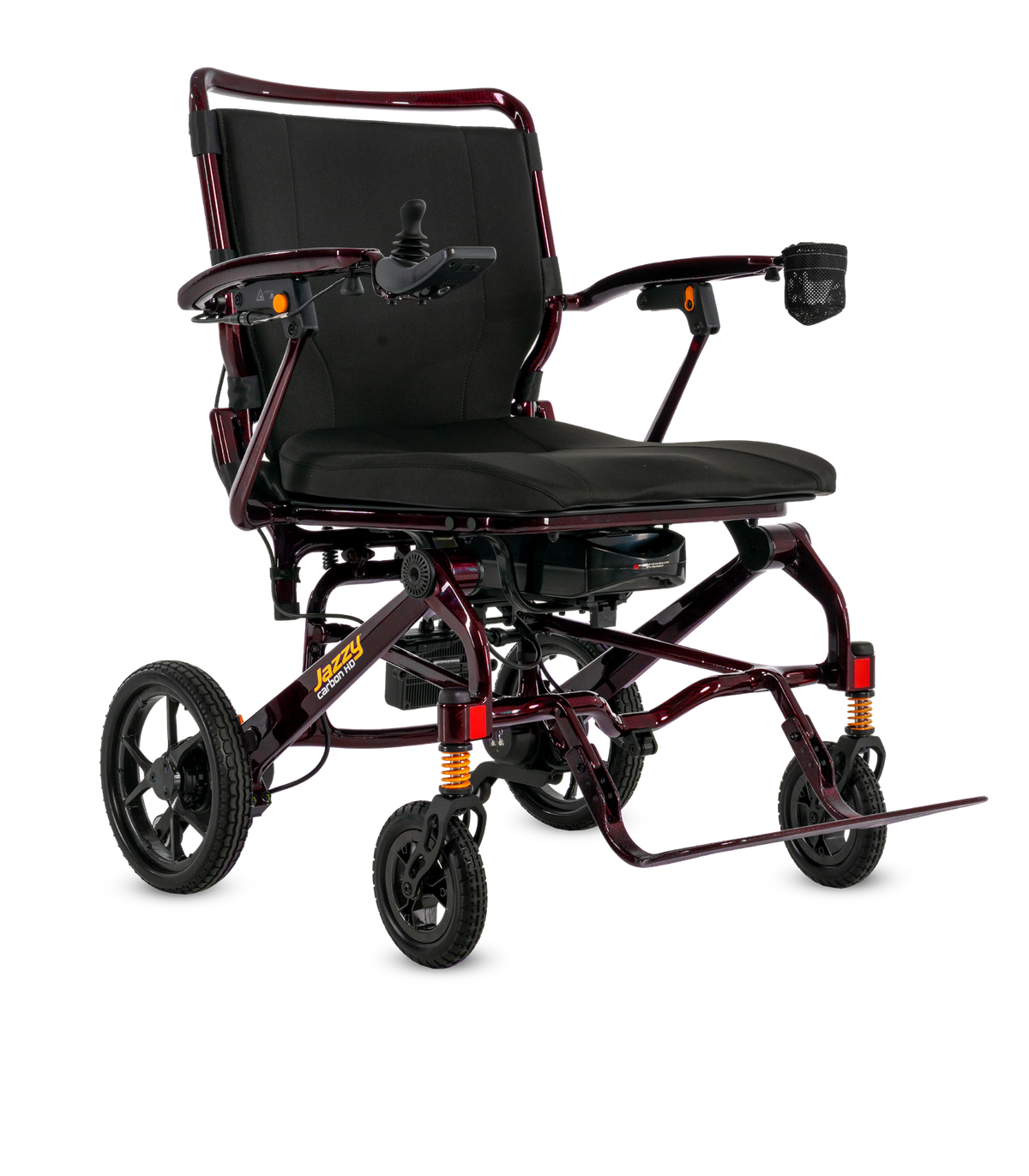 Pride Jazzy Carbon HD folding power wheelchair in Black Cherry