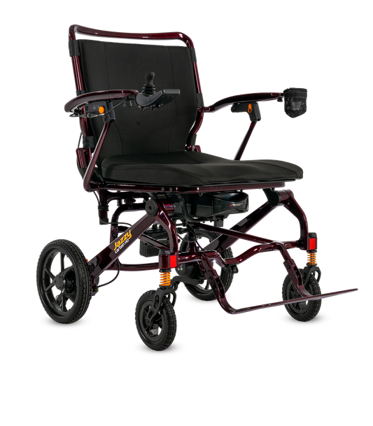 Pride Jazzy Carbon HD folding power wheelchair in Black Cherry
