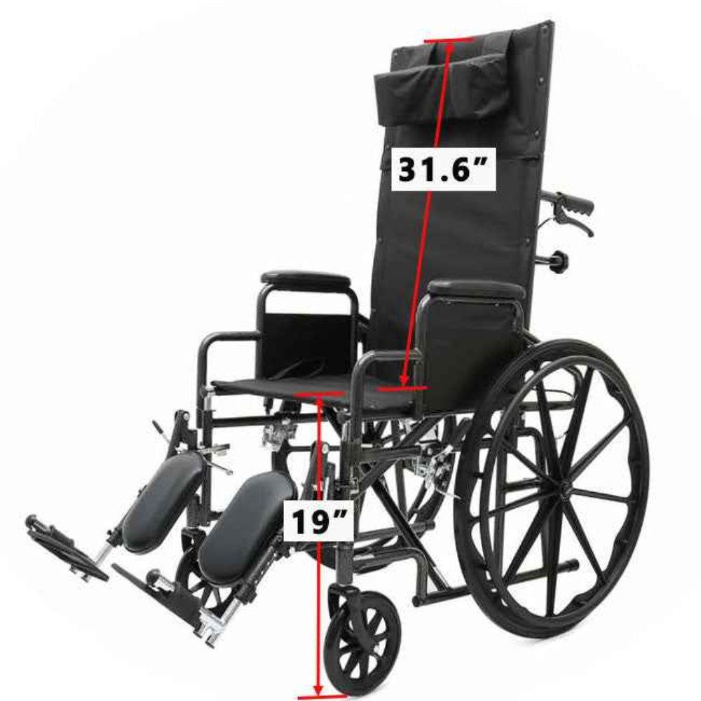 MOBB reclining wheelchair with the 31.6 inch backrest height and 19 inch seat height marked
