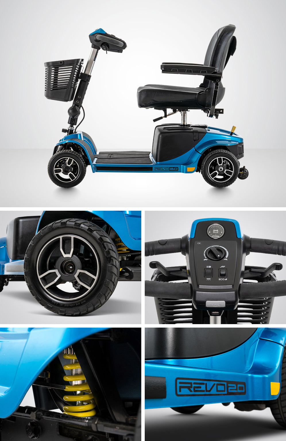 Pride Revo 2.0 mobility scooter features collage