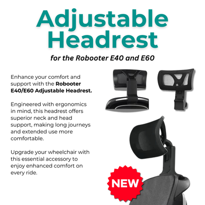 Informational graphic detailing the multi-axis adjustability and flexible positioning of the Robooter Detachable Headrest for E40 and E60 wheelchairs.