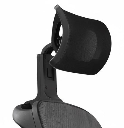 Angled rear view of the Robooter Detachable Headrest securely installed on a power wheelchair seat, featuring an ergonomic curved design and breathable mesh fabric.