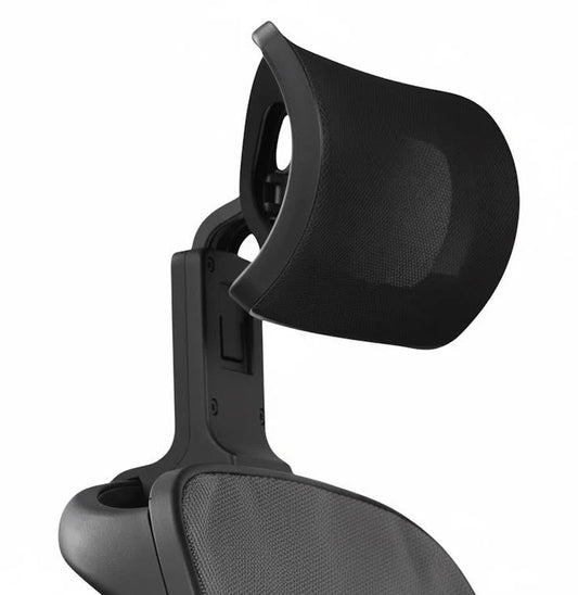 Angled rear view of the Robooter Detachable Headrest securely installed on a power wheelchair seat, featuring an ergonomic curved design and breathable mesh fabric.