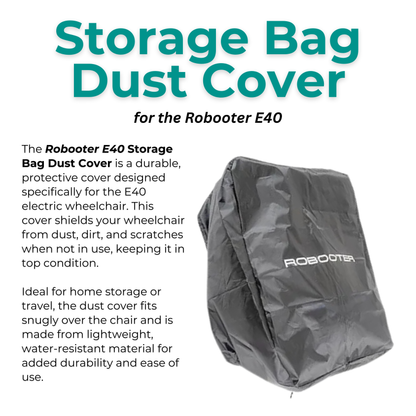 Informational graphic demonstrating the Robooter E40 Dust Cover providing full-body environmental protection securely over the folded electric wheelchair.