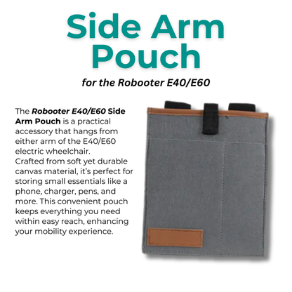 Feature graphic showcasing the sleek grey Robooter Side Arm Pouch, highlighting its quick-access armrest storage design for E40 and E60 power chairs.