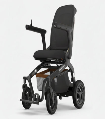 Robooter E40 foldable electric wheelchair in black featuring a modern frame and omni-directional wheels.