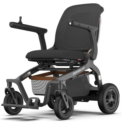 Robooter E40 foldable electric wheelchair in black featuring a modern frame and omni-directional wheels.