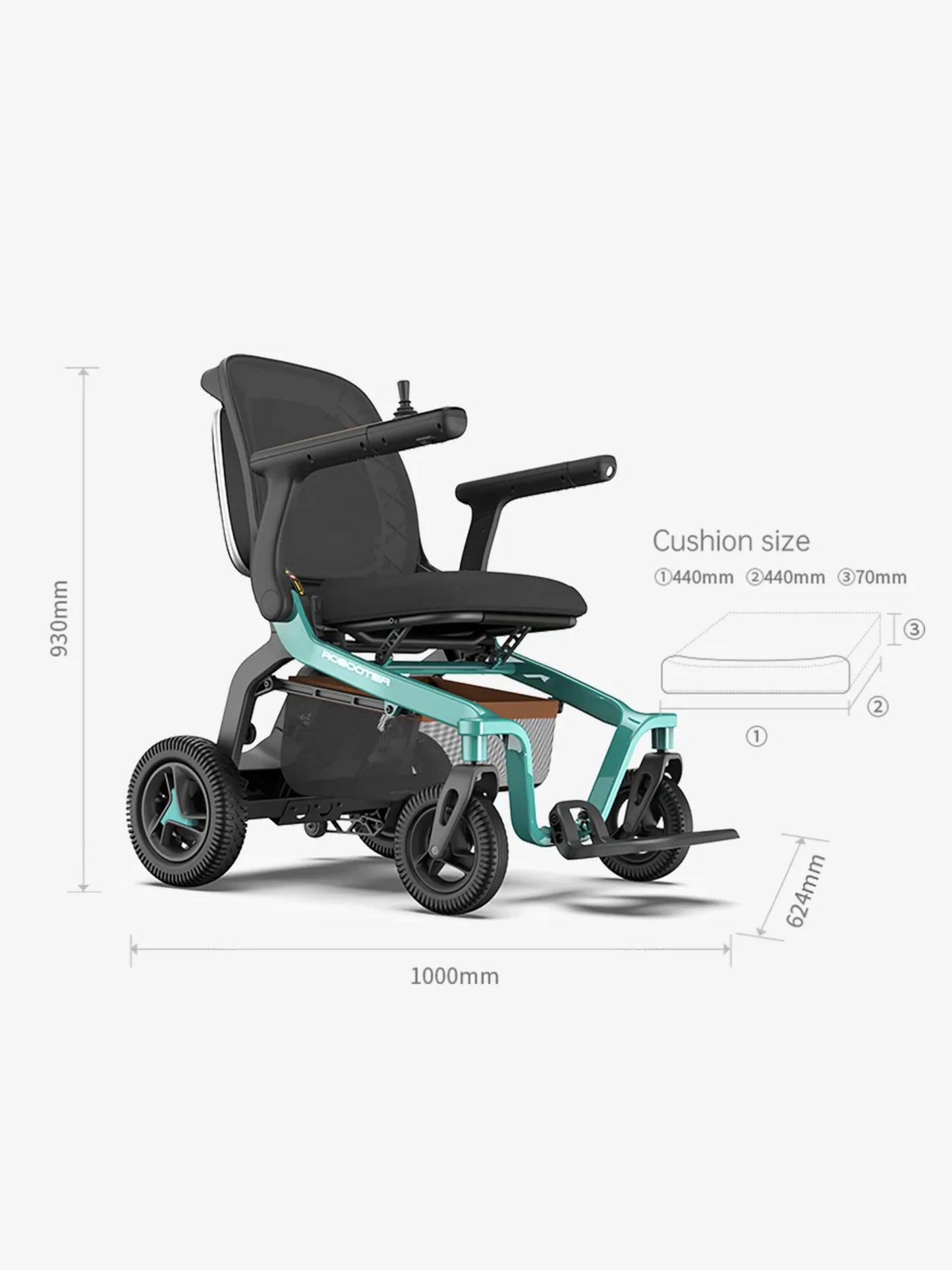 Robooter E40 folding electric wheelchair with dimensions in Green available at Care Made Canada.