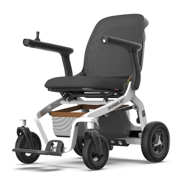 Robooter E40 foldable electric wheelchair in white featuring a modern frame and omni-directional wheels.