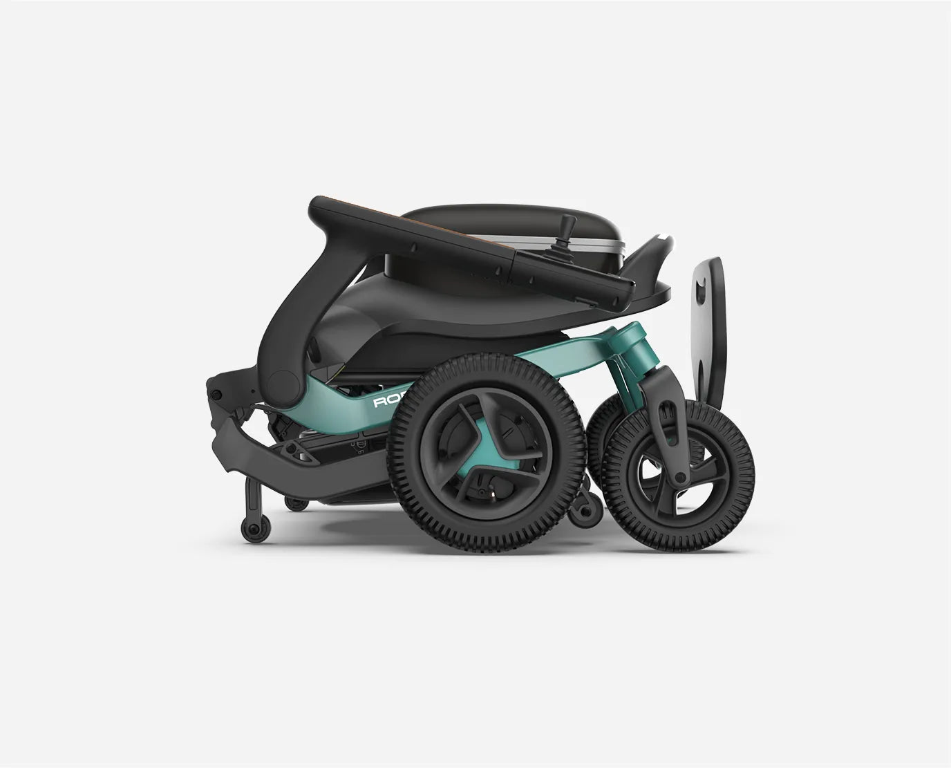 Green Robooter E40 power wheelchair folded flat for easy trunk storage and travel.