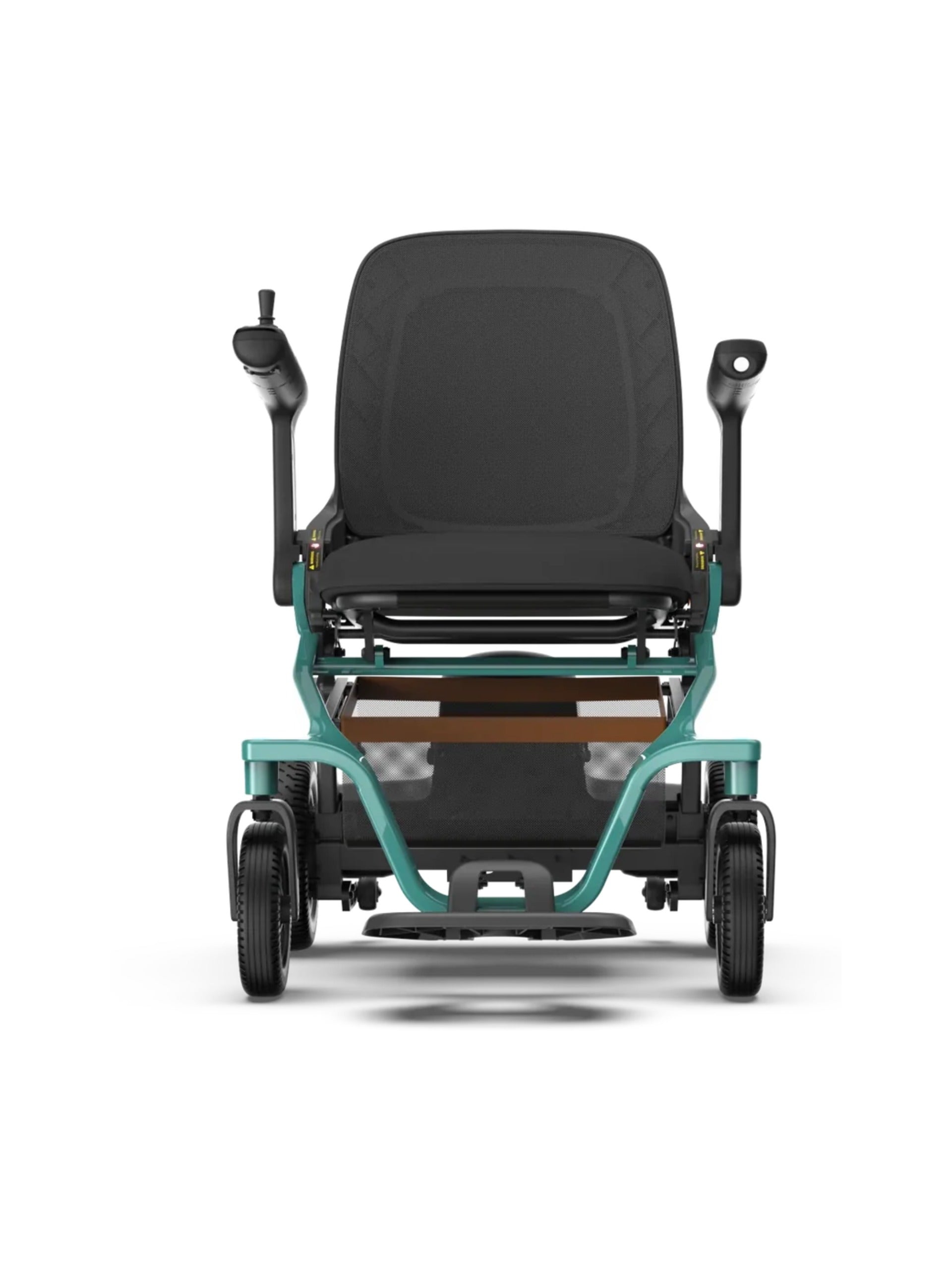 Front view of the Robooter E40 electric wheelchair showing the wide footplate and comfortable seating.