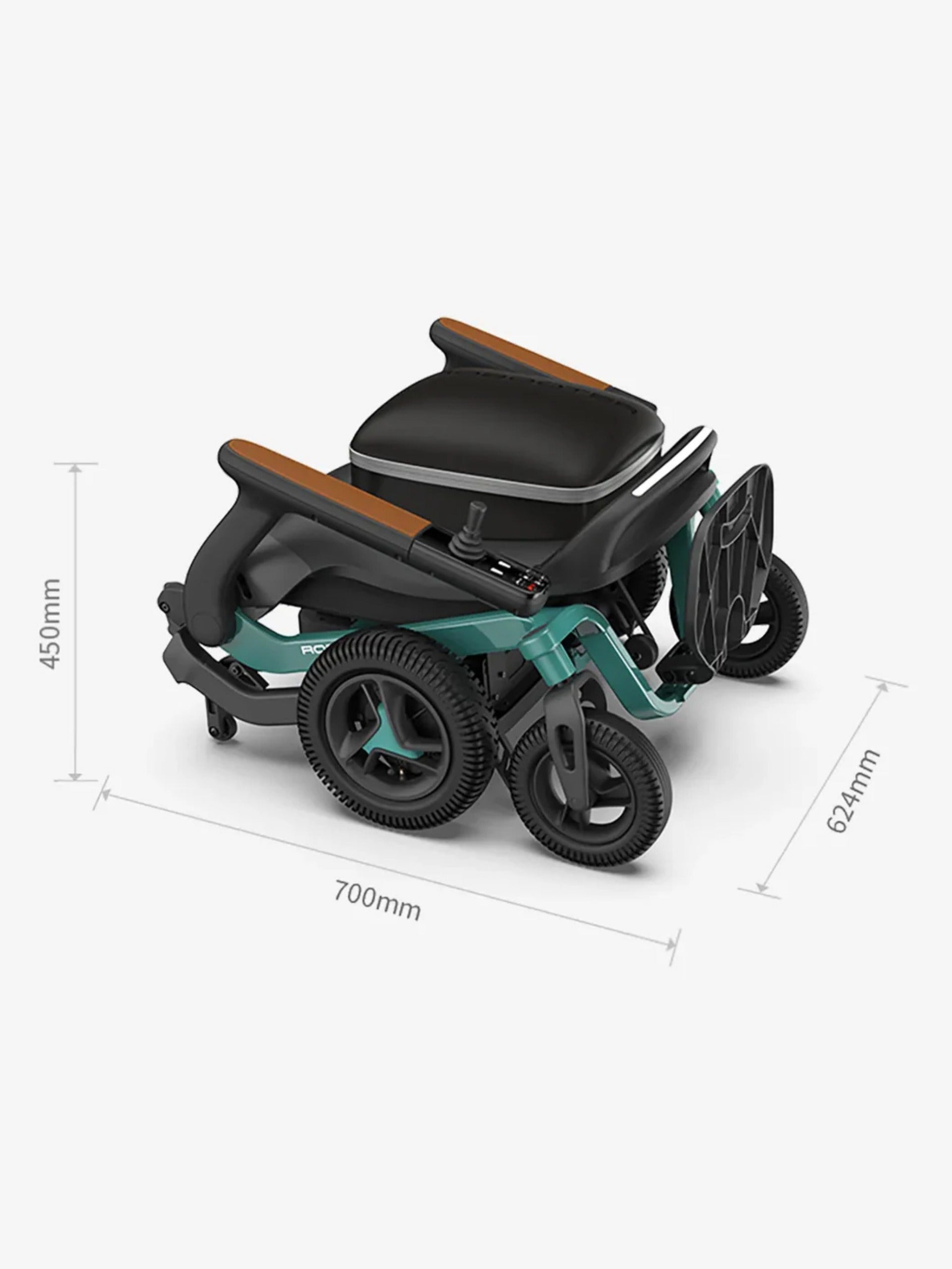 Green Robooter E40 mobility chair folded for transport, featuring a lightweight frame with dimensions