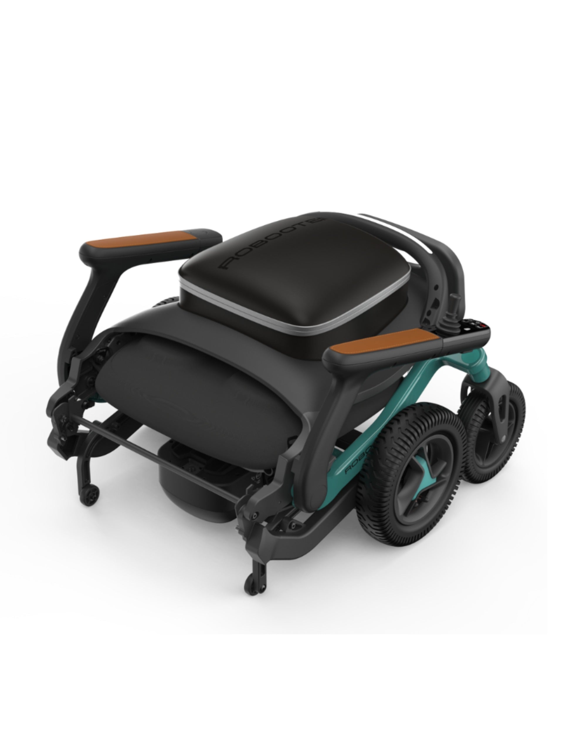 Green Robooter E40 mobility chair folded for transport, featuring a lightweight frame.