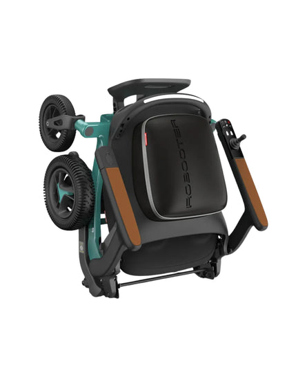 Green Robooter E40 mobility chair folded for transport, featuring a lightweight frame.
