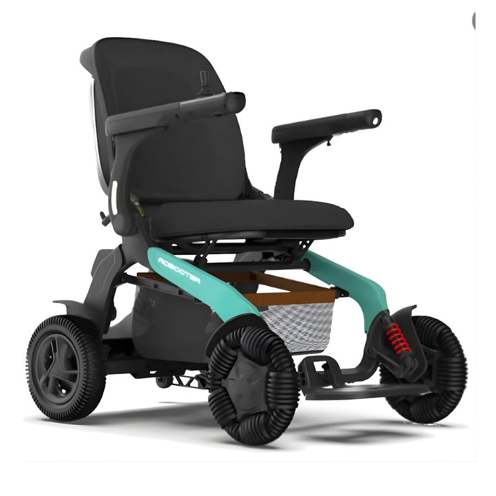 Robooter E60 outdoor-focused folding power wheelchair in turquoise, front three-quarter view