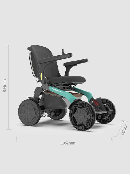 Front angle view of the Robooter E60 all-terrain foldable electric wheelchair.