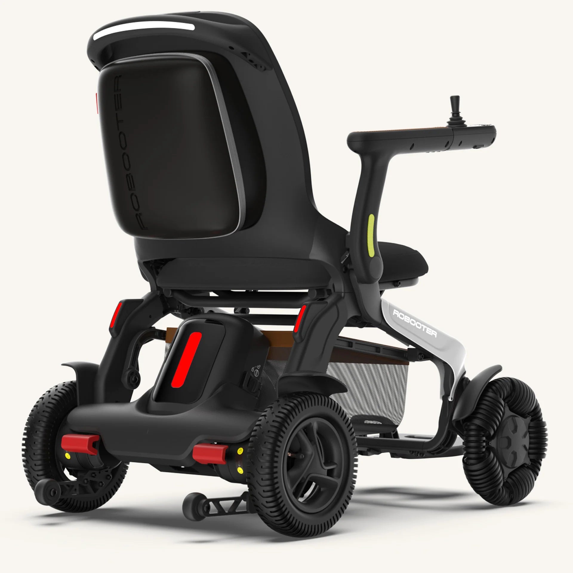 Rear angled view of the black Robooter E60 All-Terrain highlighting its supportive backrest and robust wheelbase.