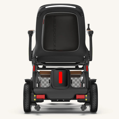 Straight rear view of the black Robooter E60 electric wheelchair showcasing the heavy-duty rear drive wheels.