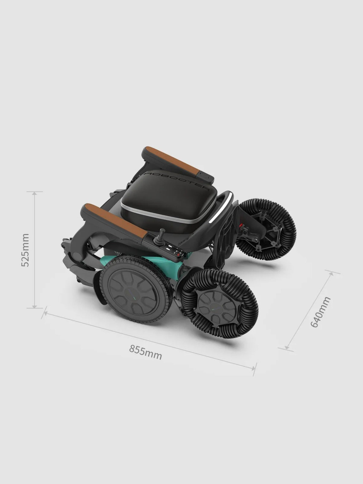 Robooter E60 all-terrain power wheelchair folded flat for convenient car transport and storage with dimensions