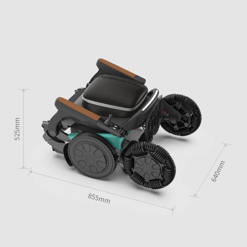 Robooter E60 folded flat with published dimension callouts
