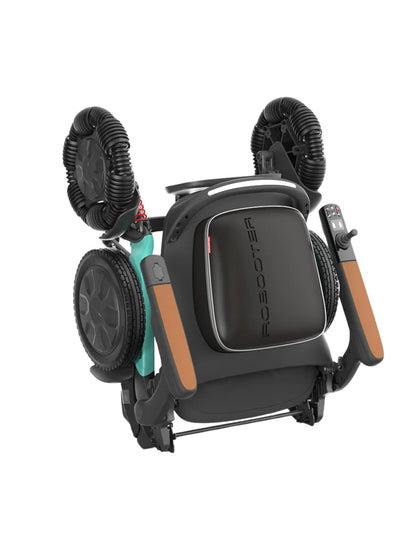 Robooter E60 all-terrain power wheelchair folded flat for convenient car transport and storage.
