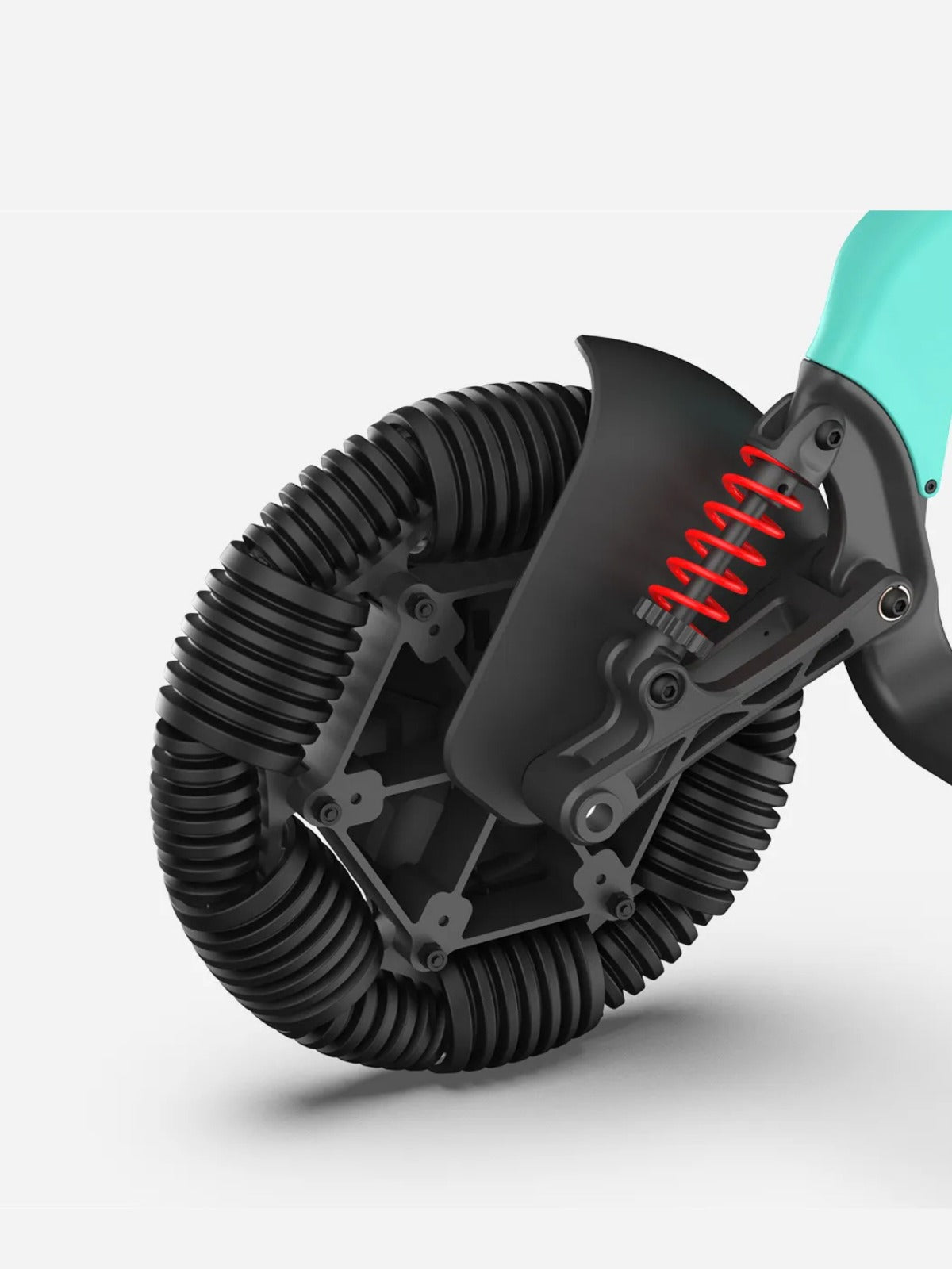 Close-up of the large omni-directional front wheel on the Robooter E60 all-terrain wheelchair.