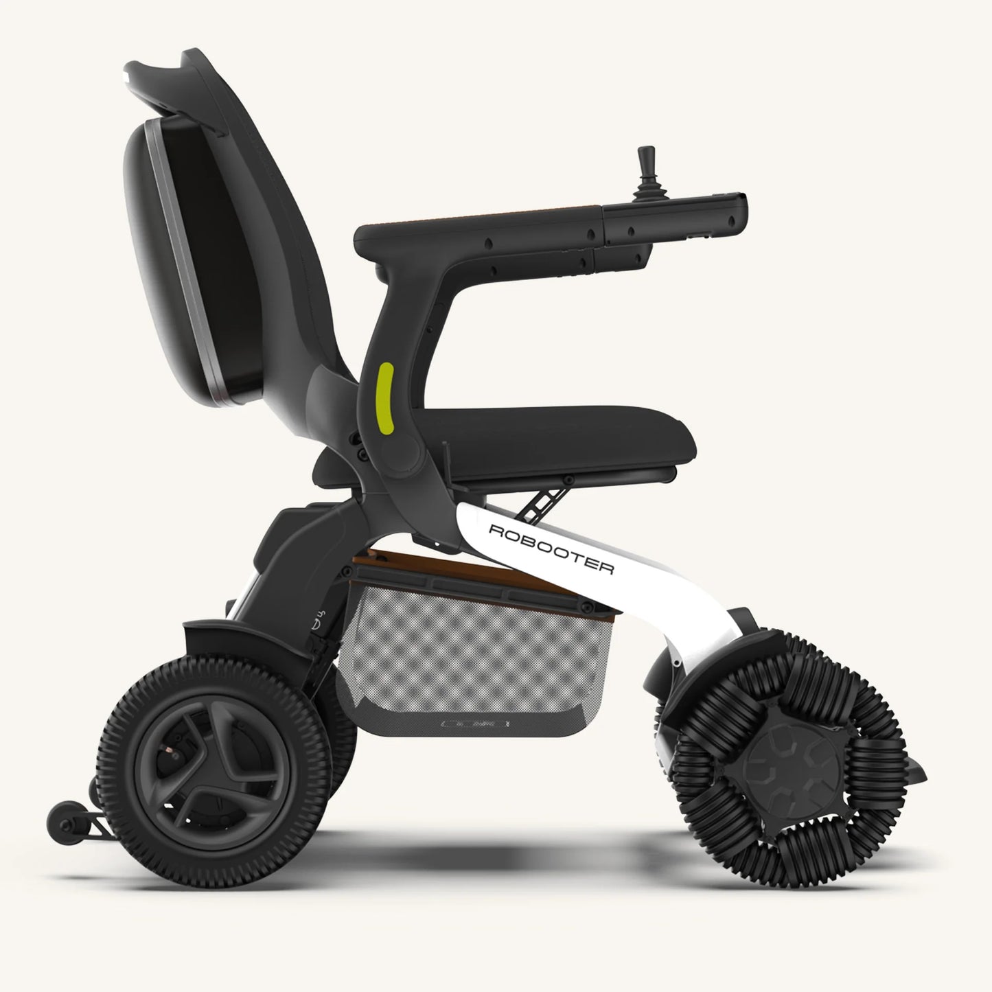 Side profile of the black Robooter E60 power wheelchair fully assembled and ready for all-terrain outdoor mobility.
