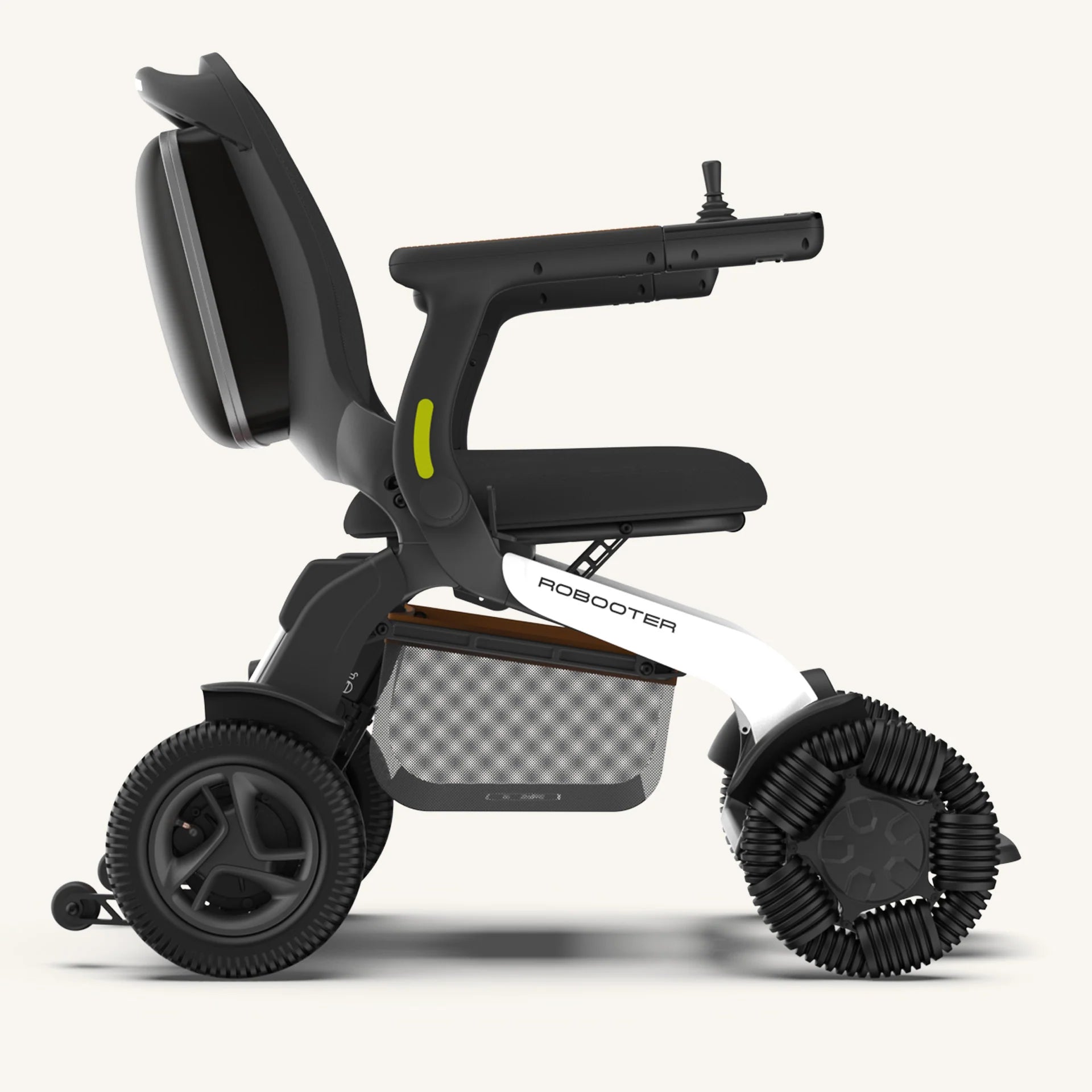 Side profile of the black Robooter E60 power wheelchair fully assembled and ready for all-terrain outdoor mobility.