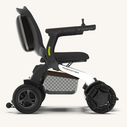Side profile of the black Robooter E60 power wheelchair fully assembled and ready for all-terrain outdoor mobility.