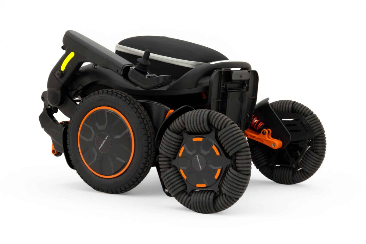 Robooter E60 Pro GT folded into one piece for transport, with the removable battery pack and the twelve inch pneumatic rear tyre visible