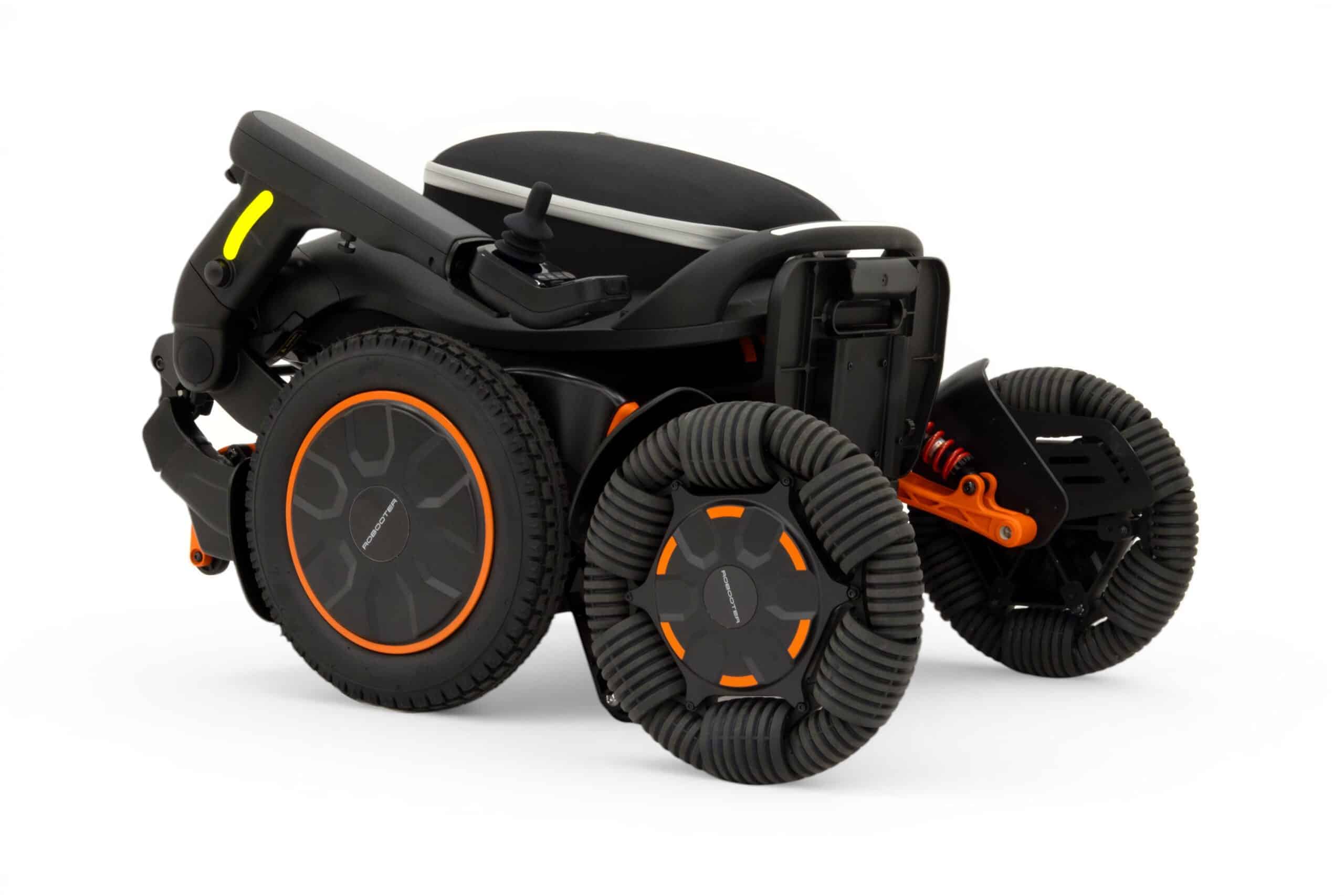 Robooter E60 Pro GT folded into one piece for transport, with the removable battery pack and the twelve inch pneumatic rear tyre visible